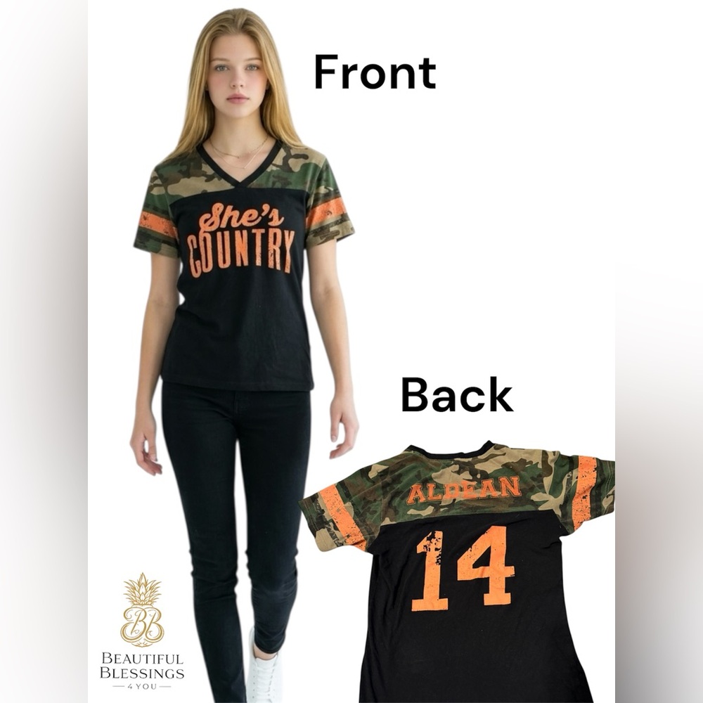 Jason Aldean Concert Shirt. She's Country. Distressed Orange Print Sz Med